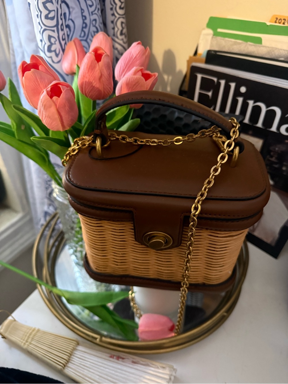 Zara Brown Wicker Crossbody with Gold Chain